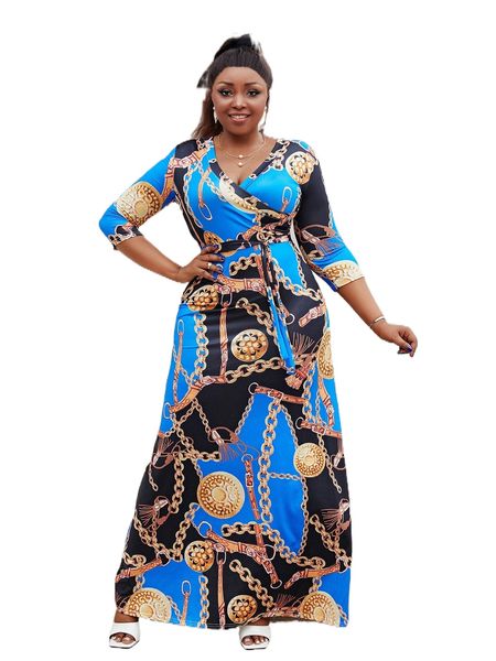 

plus chain print surplice neck belted dress a9cp#, Black