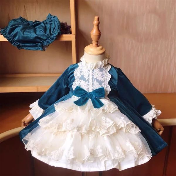 2PCS Baby Girl Autumn Winter Long Sleeve Peacock blue Turkish Spanish Vintage Princess Ball Gown Dress for Girl Christmas Casual 210329