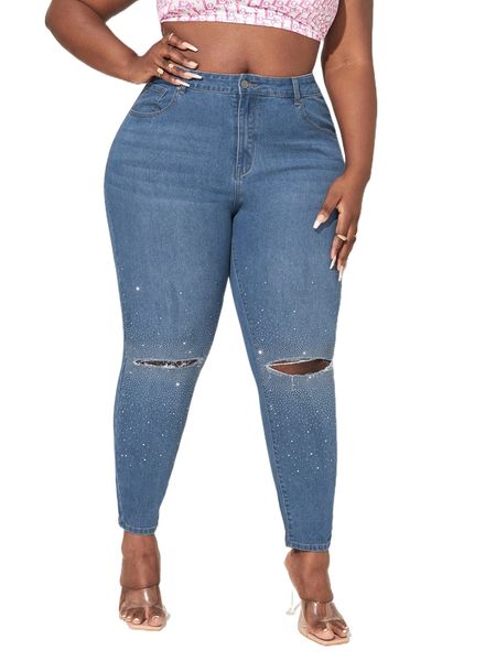 

sxy plus rhinestone detail ripped cropped jeans f5km#, Blue