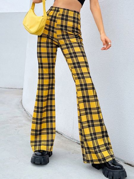 

tartan print flare leg pants 20ot#, Black;white