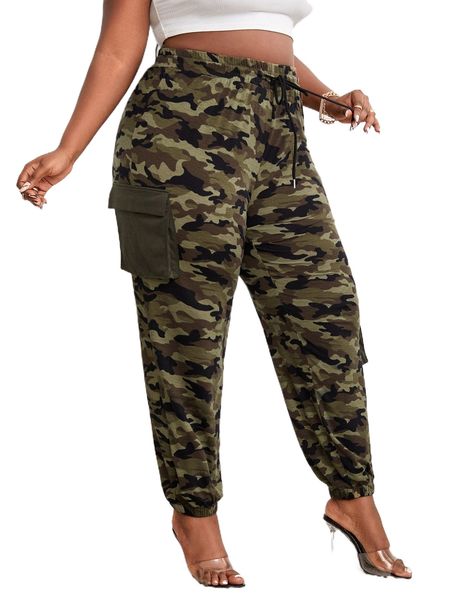 

sxy plus camo print flap pocket drawstring waist sweatpants d1kk#, Black