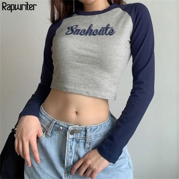 

panelled cute letter print cotton y2k aesthetic t shirt women harajuku o-neck long sleeve slim crop tee shirt feminina 210312, White