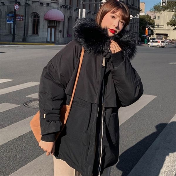 

winter jacket parkas winter women's fashion large fur collar hooded thick cotton down jacket russian winter coat 201214, Black