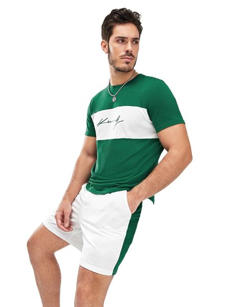 

men letter graphic colorblock tee & drawstring waist shorts k5uz#, Gray