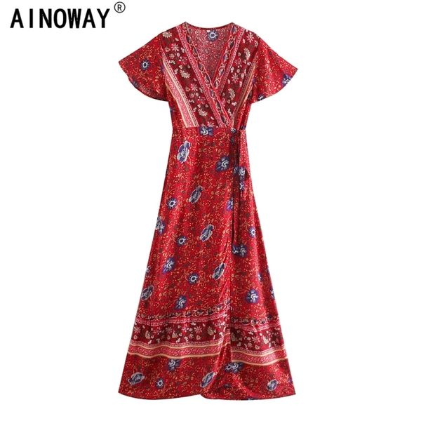 

vintage chic vestido floral print bat sleeve beach long bohemian maxi sundress ladies v neck summer boho dress 220330, Black;gray