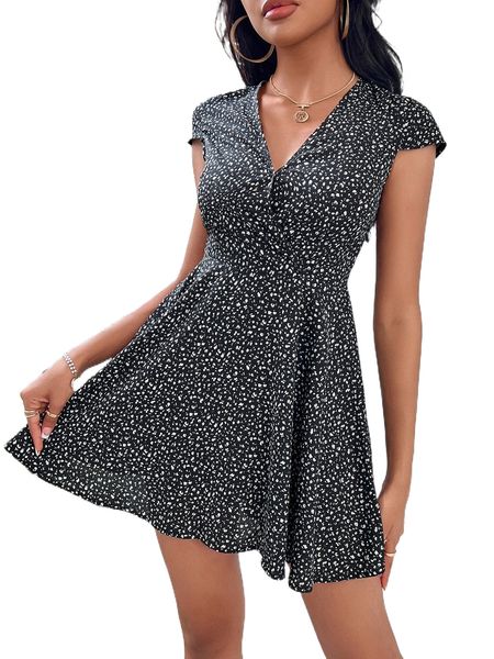 

petite allover print cap sleeve a-line dress o5iv#, Black;gray