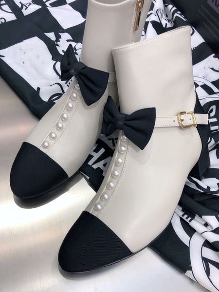 

pointed french-block pearl boots women's bow chunky heel zipper elegant, Black