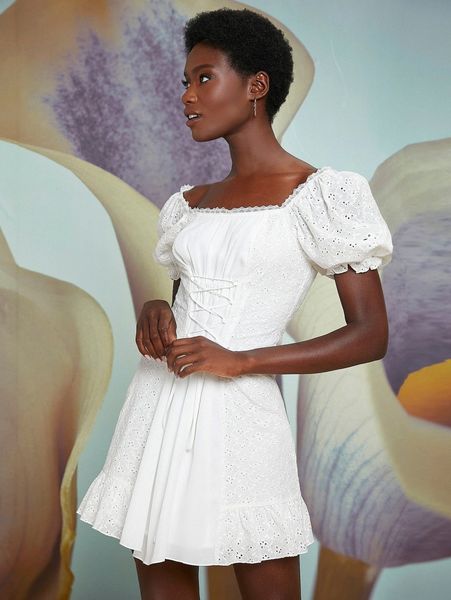 

x penelope ping puff sleeve lace up front ruffle hem schiffy dress z20d#, Black;gray