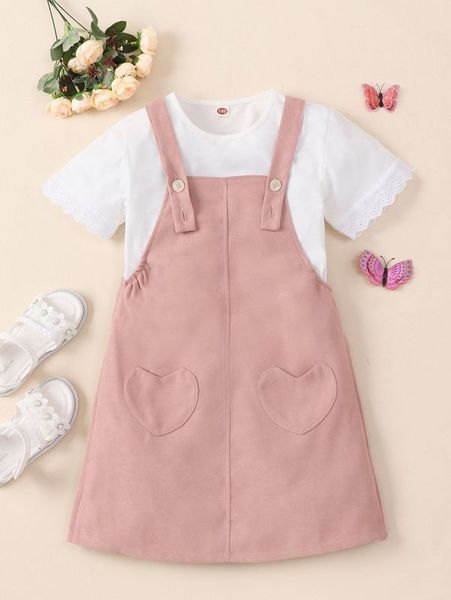 

girls contrast lace tee & heart patched overall dress she, White
