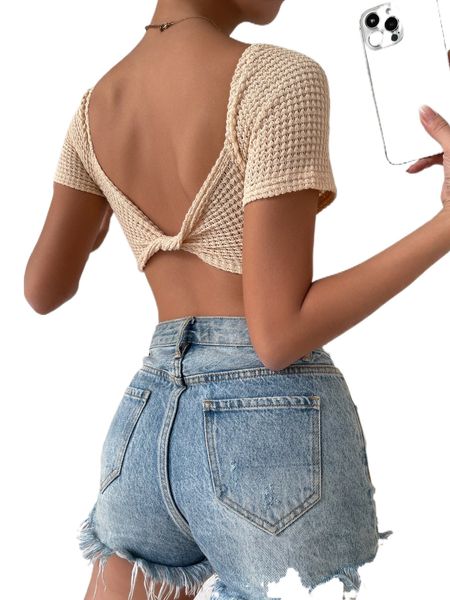 

twist backless raglan sleeve scoop neck waffle knit crop r1b9#, White