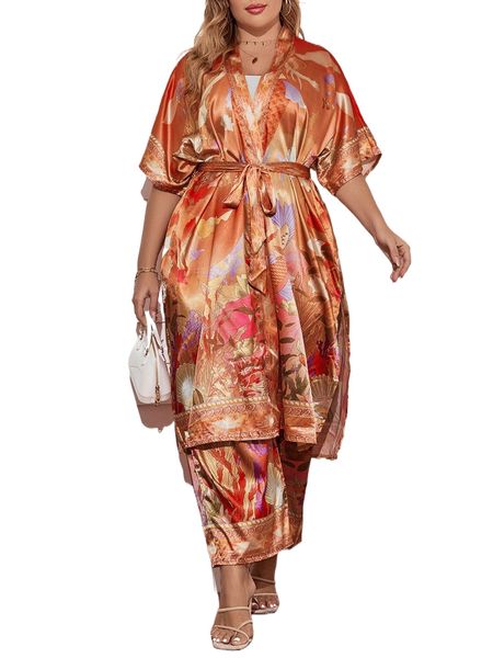

plus fish & mermaid print batwing sleeve belted satin coat & pants l6ah#, Black