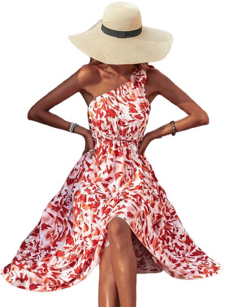 

allover print tie one shoulder ruffle hem dress s7zf#, Black;gray