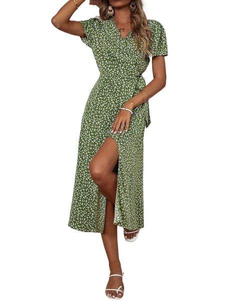 

ditsy floral print knot side wrap dress 821m#, Black;gray