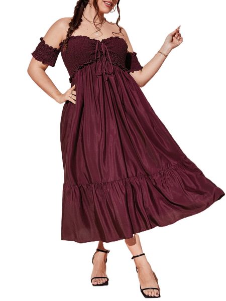

plus ruched bust shirred off shoulder ruffle hem dress w2qg#, Black