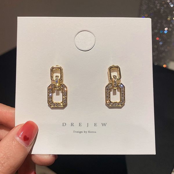 

925 silver needle korean stylish and simple personality trendy earrings diamond-embedded geometric square eardrops dignified sense of design, Golden