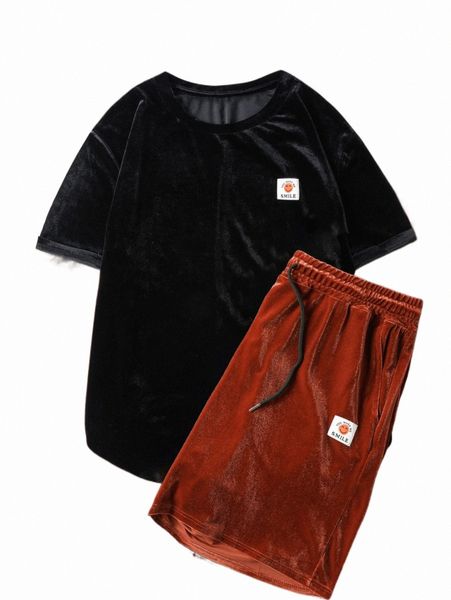 

men slogan patched velvet tee & shorts u3ap#, Gray