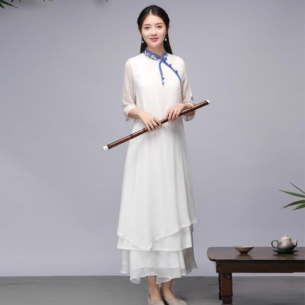 

women's two piece pants white chinese style print loose long improved cheongsam casual set trousers women summer clothes suit