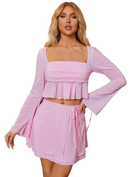 

parthea solid ruffle hem crop & tie side skirt j9o3#, White