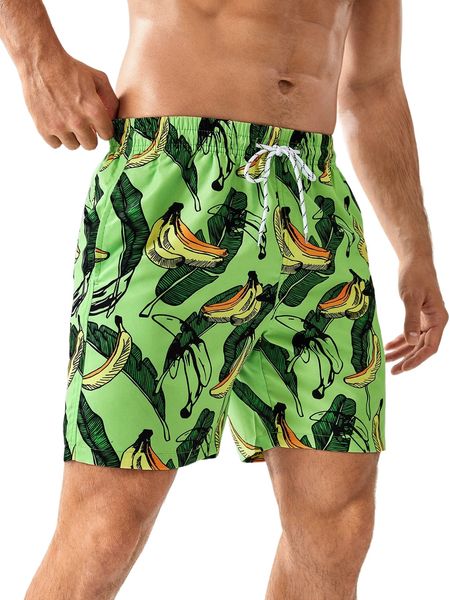 

men banana & tropical print drawstring waist swim trunks o44y#, White;black