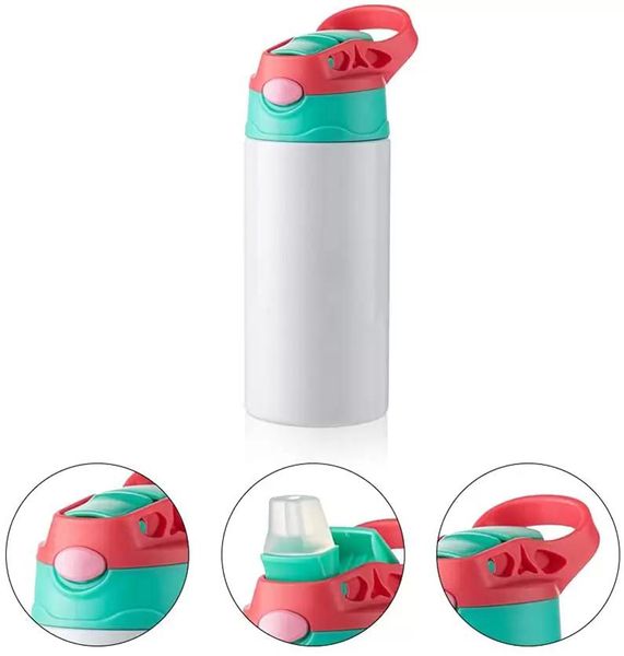 5 tazze di sublimazione di colori Bicchiere per bambini Biberon Bicchieri Sippy 12oz Bottiglie d'acqua bianche con cannuccia e coperchio portatile