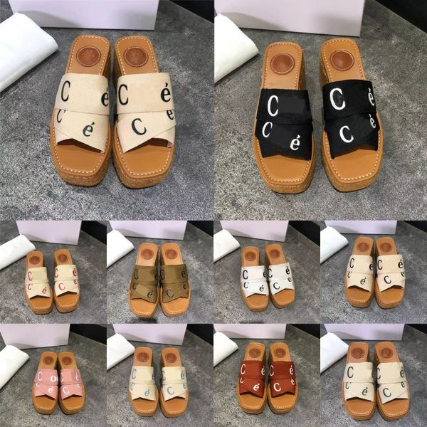 Kadın Tasarımcı Sandalet Woody Espadrille Platformu Katır Katır Kanvas Slaytlar Lüks Moda Terlik Tanga Sling Geri Kare Ayak Daireler Yüksek Topuk Sandalet Kaydırıcılar 36-42