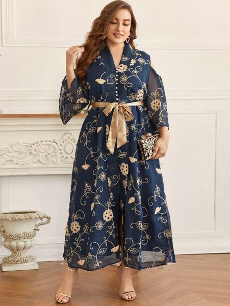 

plus floral embroidery cold shoulder belted dress y7rf#, Black