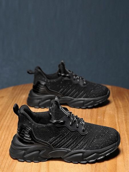 

boys minimalist lace up front knit sneakers she, Black
