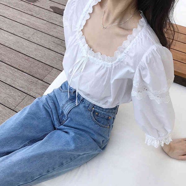 

women's polos jingtian[peninsula love letter]lace neckline short design sense of minority white french style blouse women's spring