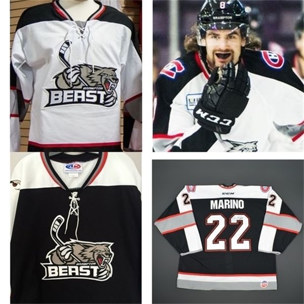 C26 Nik1 rare 2017 Personalizza ECHL Brampton Beast Mens Womens Kids Ricamo Bianco Nero Maglie da hockey economiche di alta qualità Goalit Cut