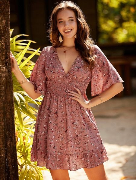 

ditsy floral print shirred waist dress x1ub#, Black;gray