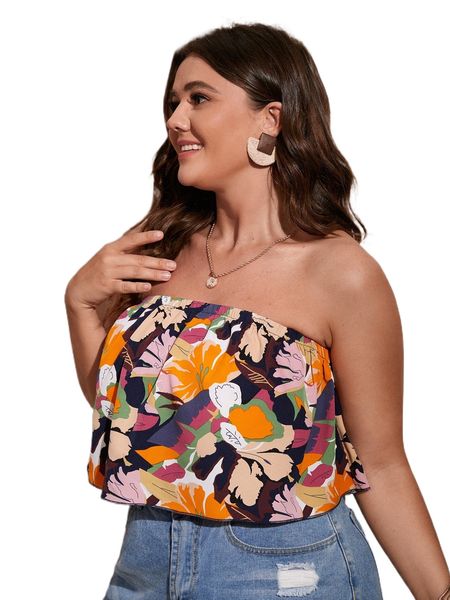 

plus allover plants print ruffle trim tube n3ts#, Black