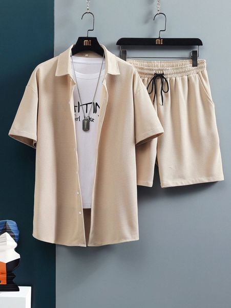 

men solid shirt & drawstring waist shorts without tee g1b5#, Gray