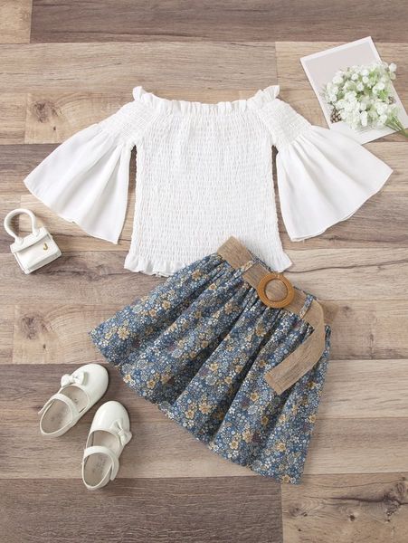 

toddler girls shirred bardot blouse & ditsy floral belted skirt she, White