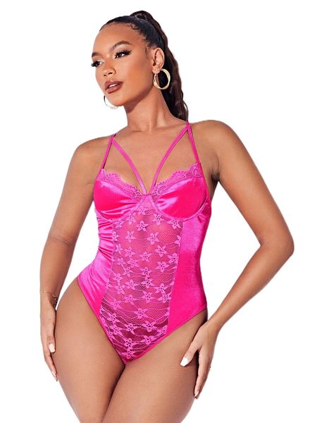 

bae contrast lace cut out satin cami bodysuit p4i6#, White
