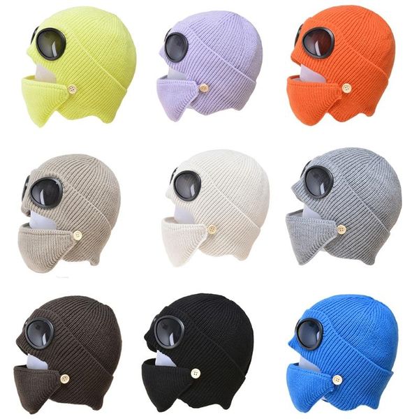 Berets Unisex 2-in-1-Rippstrick-Mütze, Mundmasken-Set, Winter, warm, winddicht, mit Schneemanschette, Ohrenklappenkappe mit Brille