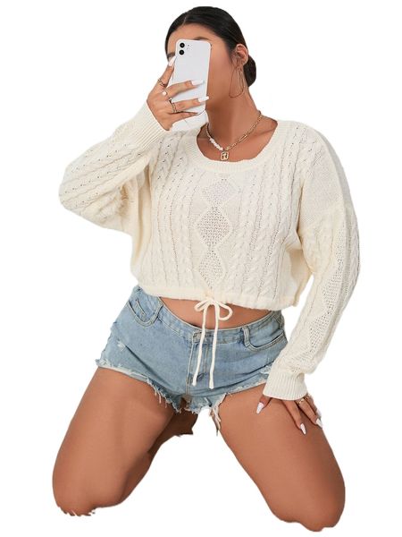 

plus drawstring hem drop shoulder cable knit sweater z9k8#, Black