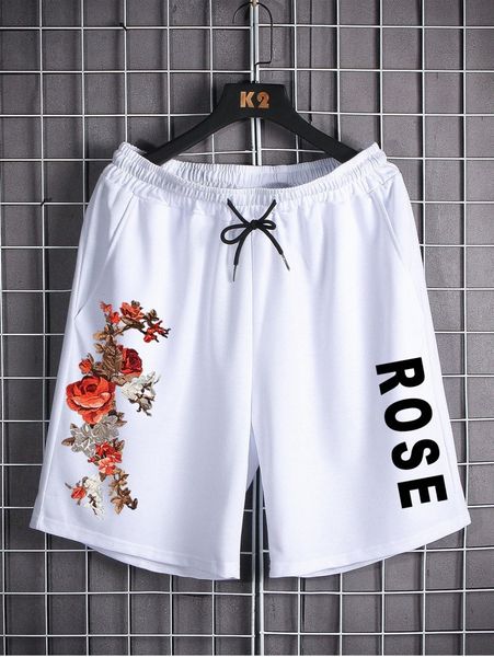 

men rose & letter graphic drawstring shorts u6b8#, White;black