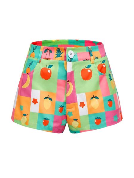

mod colorblock floral & fruit print shorts w29f#, White;black