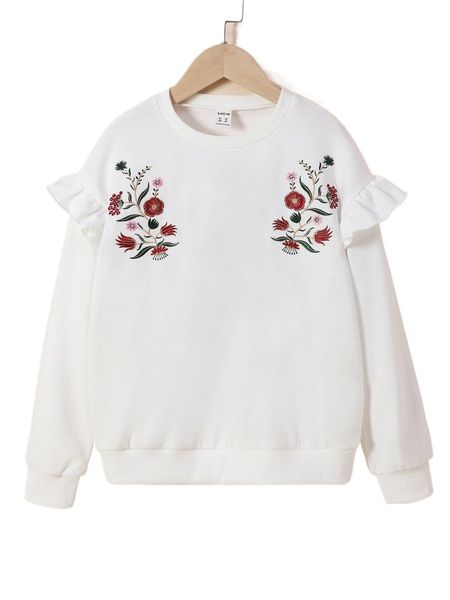 

girls floral embroidery ruffle trim sweatshirt q4do#, Black;white