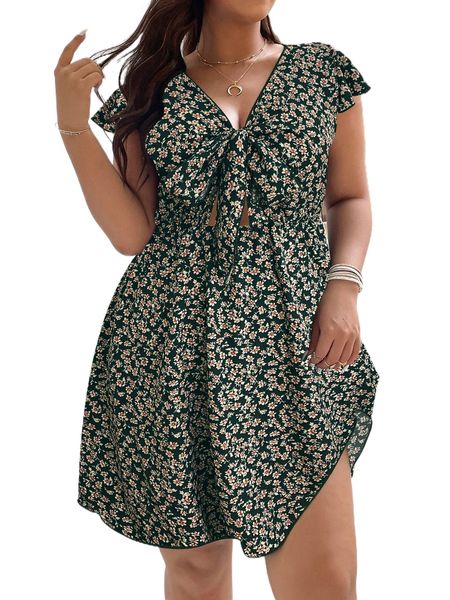 

plus ditsy floral tie front cut out butterfly sleeve dress f1jb#, Black