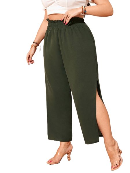 

plus frill trim shirred waist split thigh wide leg pants v5s2#, Black