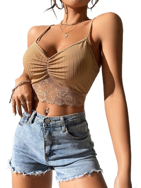 

contrast lace ruched cami k4pg#, White