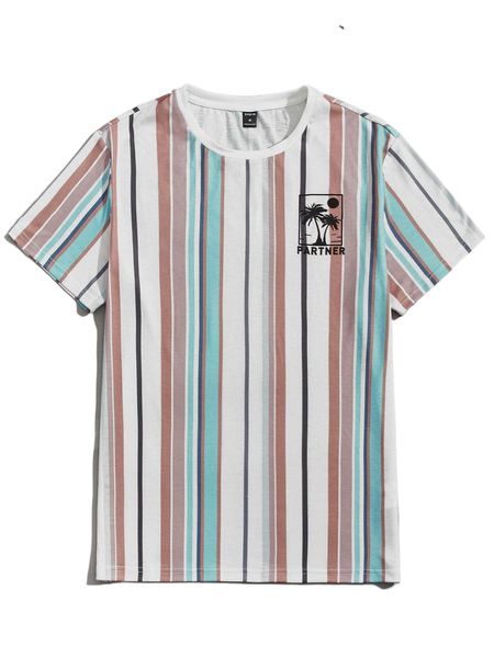 

men striped & coconut tree & letter graphic tee t1yg#, White;black