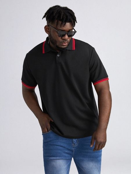 

extended sizes men button front striped polo shirt 84p1#, White;black