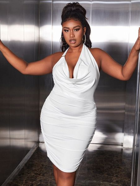 

sxy plus draped ruched halter neck dress r4vz#, Black