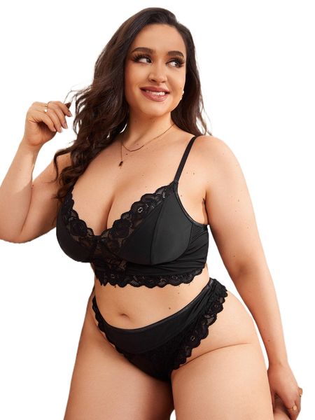 

plus contrast lace lingerie set 66dz#, Black;white
