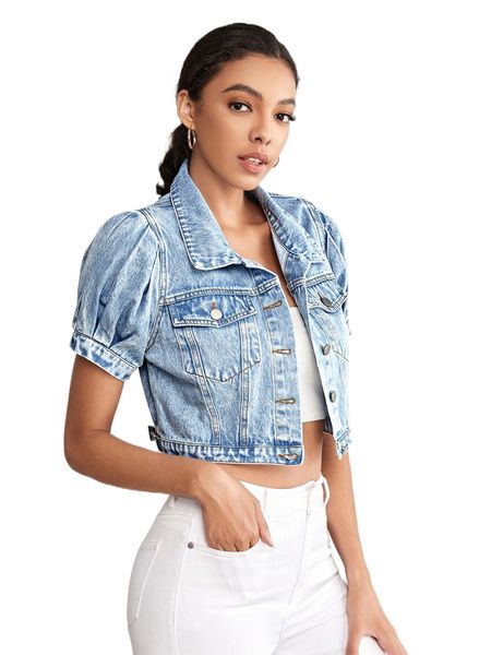 

puff sleeve crop denim jacket a3y4#, Black;brown