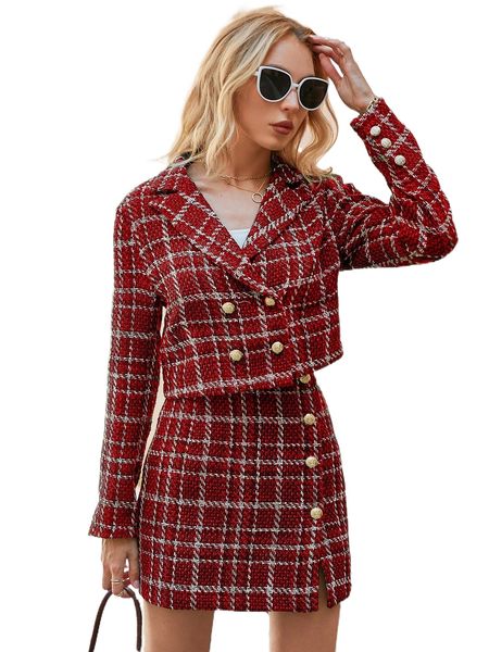 

simplee lapel neck double breasted plaid overcoat q0bo#, Black