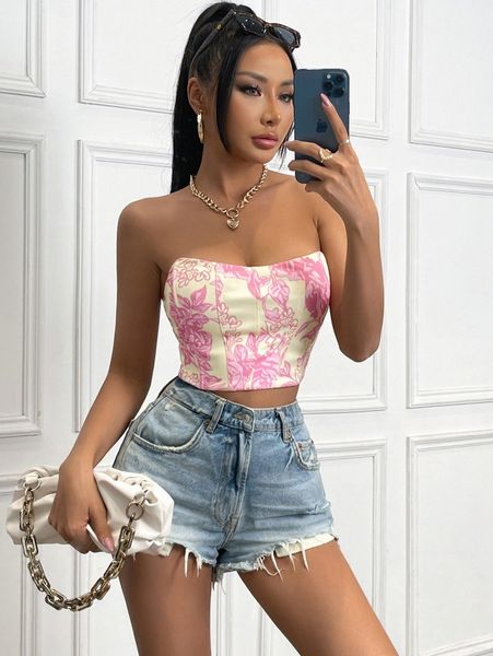 

floral print tube crop 49wu#, White