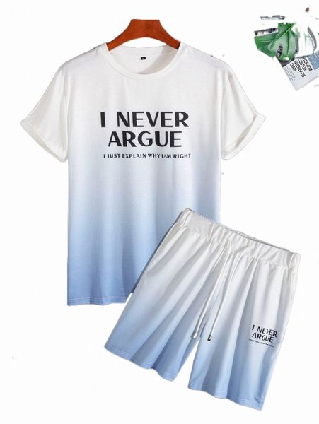 

men slogan graphic ombre tee & drawstring waist shorts p8ts#, Gray